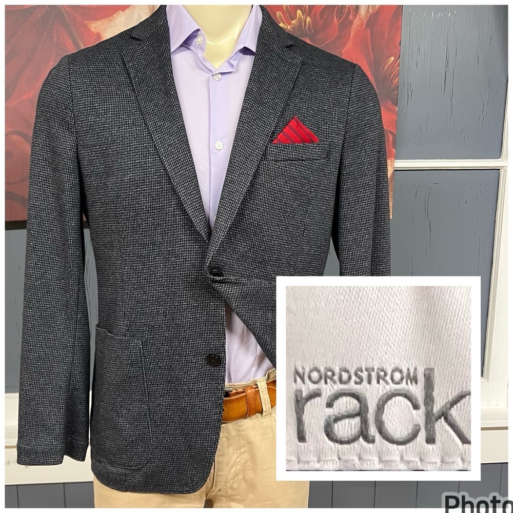 Nordstrom Rack Blazer Mens 42R Trim Fit Polyester Blend Jersey Stretch Gray